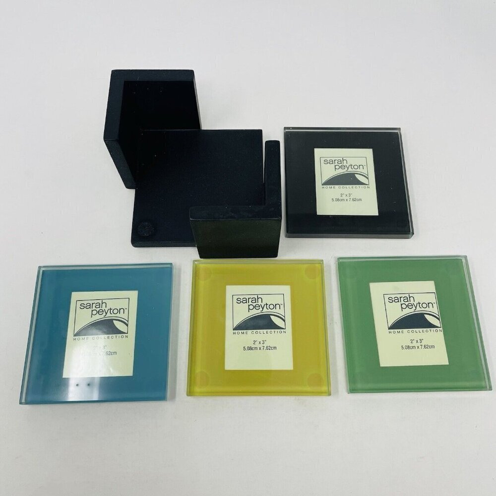 Sarah Peyton 4 Pack of Solid Glass Photo Coasters with Wooden Storage Rack